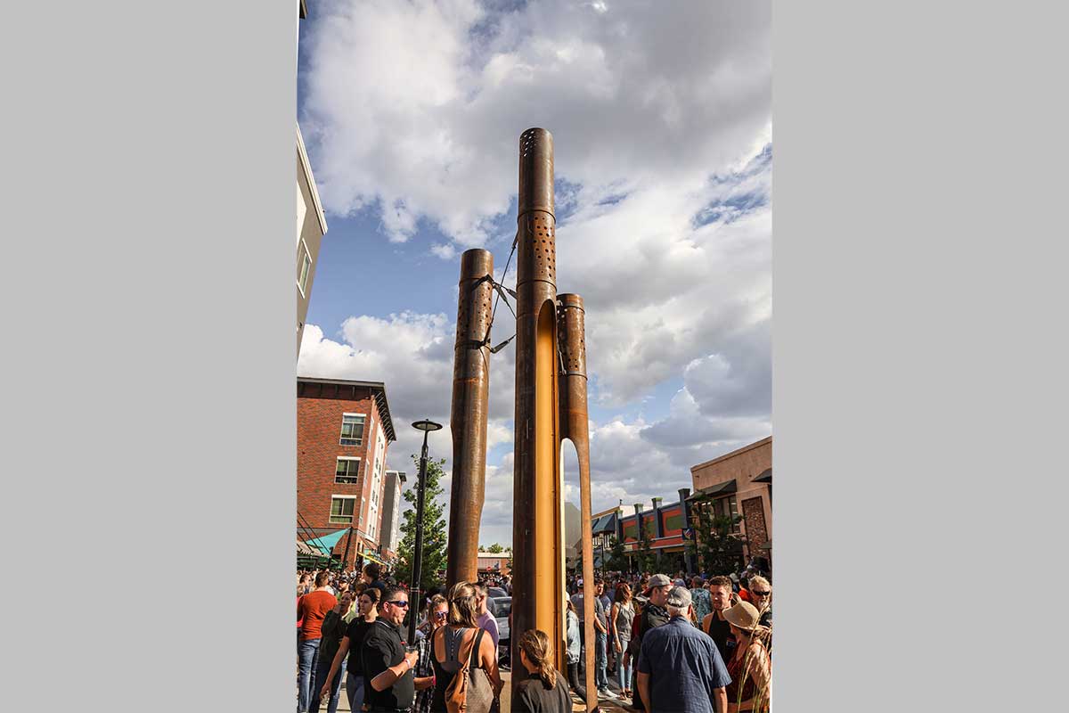 Photo of the Market Center Steam Whistles art installation.